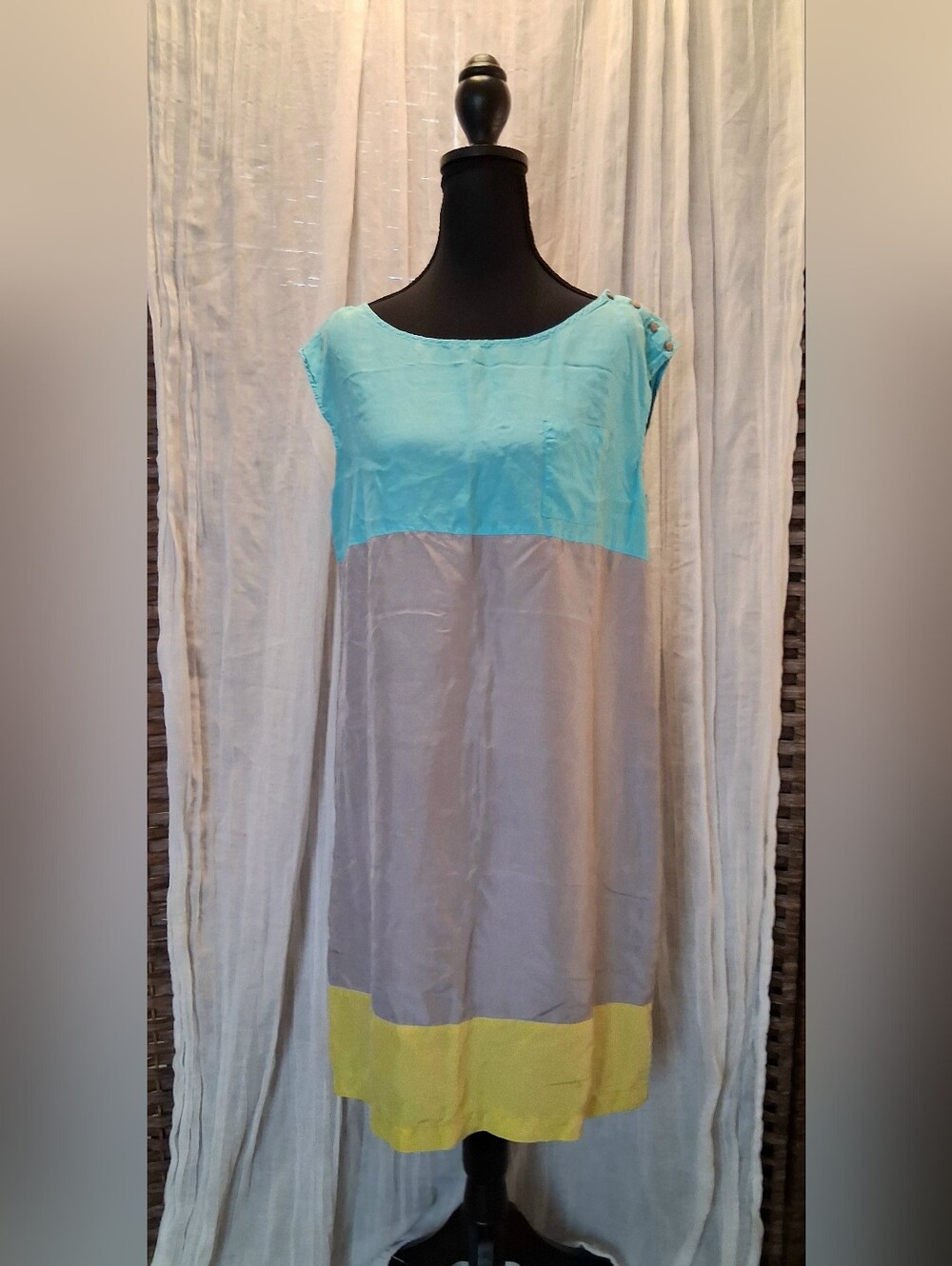 Odille Colorblock Silk Midi Dress in Aqua, Gray, and Yellow